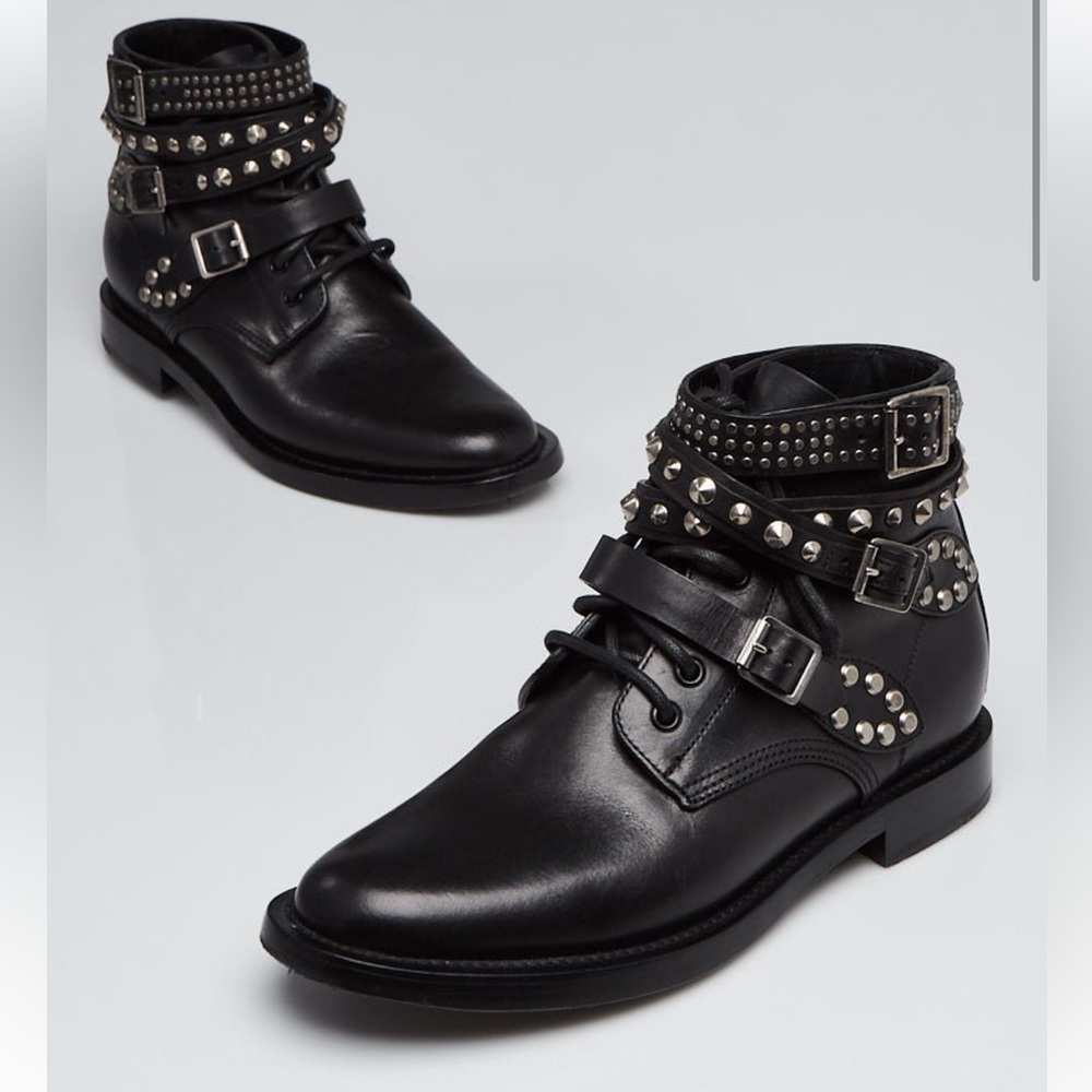 Yves Saint Laurent Black Leather Studded Ranger Boots